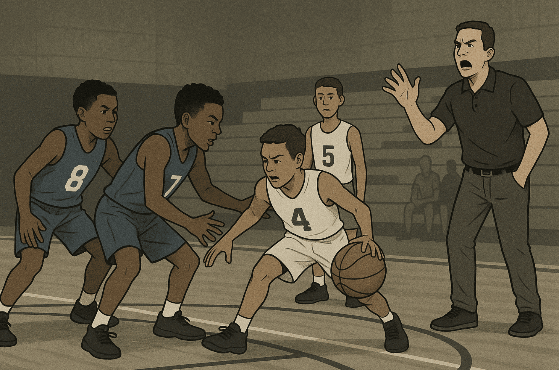 Youth basketball players struggle to break a press while teammates stand idle, illustrating development challenges in AAU basketball.